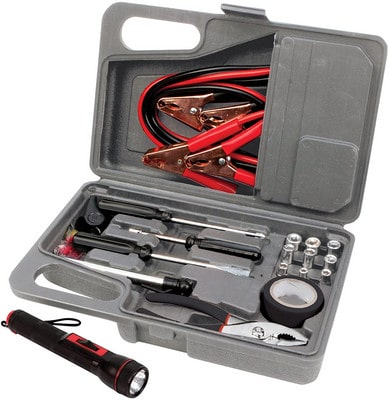 Emergency Roadside Safety Tool Kit with battery cables and flashlight